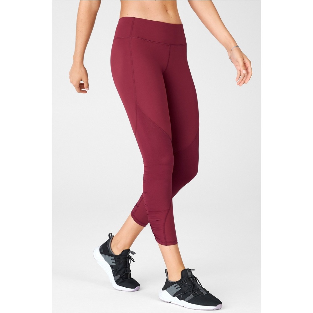 Fabletics PureLuxe Burgundy Ruched Ankle Leggings Mid Rise  7/8 Length Large